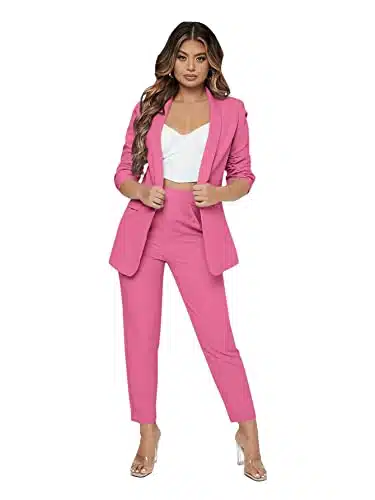 SweatyRocks Women's Piece Solid Ruched Sleeve Blazer and Pants Business Office Suit Set Hot Pink S