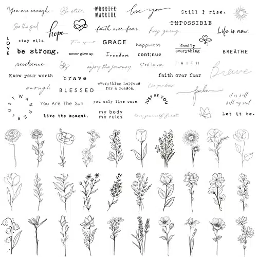 TATUWST Realistic Temporary Tattoos   Sheets Tiny Small Removable Tattoos, Pcs Inspirational Quotes Words Tattoos, Pcs Wild Flower Ink Line Botanical Floral Leaf Tattoo Sticke