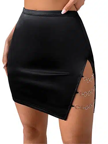 Verdusa Women's High Waist Chain Solid Slit Hem Satin Pencil Bodycon Mini Skirt Black S