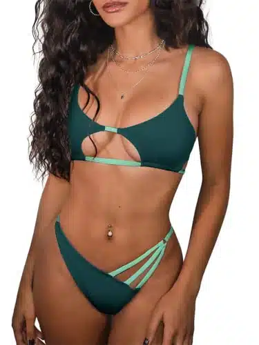 ZAFUL Women's Sexy Cutout Bikini Thong Bikini Set Color Block Swimsuit Tie Back Two Piece Swimsuit Bathing Suit (A Deep Green,S)