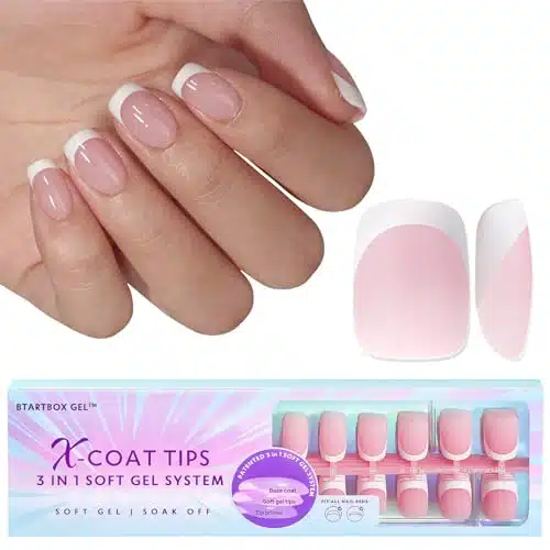 BTArtboxnails French Gel Nail Tips   French Tip Press on Nails Pink Extra Short Square XCOATTIPS Pre applied Tip Primer & Base Coat, No Need to File Fake Nails for Nail Art DI