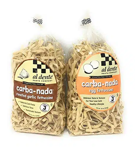 Carba nada Reduced Carb Fettuccine Pasta Bundle Of Two Ounces Bags One Egg and One Garlic Roasted Fettuccine