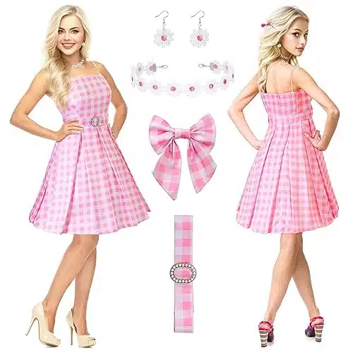 HISHERTOY PCS Pink Plaid Dress for Women,Margot Robbie Movie Costume s Vintage Outfits with Accessories for Adult Halloween Cosplay Party