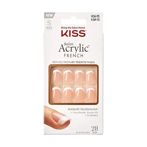 KISS Salon Acrylic Press On Nails, Nail glue included, 'Bonjour', Nude White, Short Size, Squoval Shape, Includes Nails, g Glue, anicure Stick, ini File