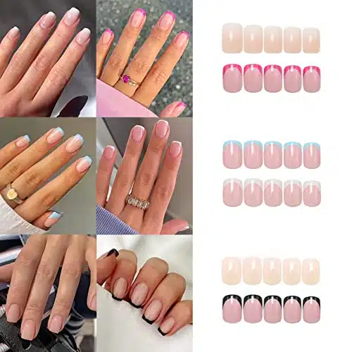 Packs (Pcs) French Tip Press on Nails Short, Misssix Short Square Fake Nails Glue on Nails Set with Adhesive Tabs Nail File for Women (G)