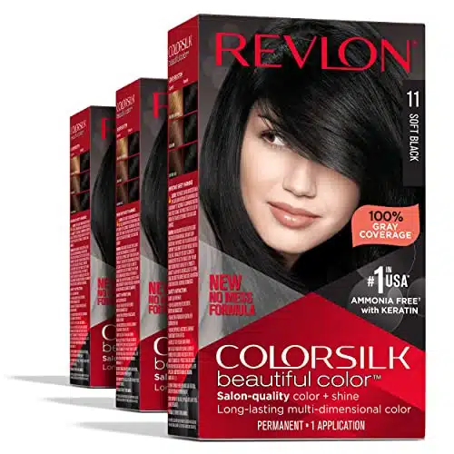 Permanent Hair Color by Revlon, Permanent Hair Dye, Colorsilk with % Gray Coverage, Ammonia Free, Keratin and Amino Acids, Soft Black, (Pack of )