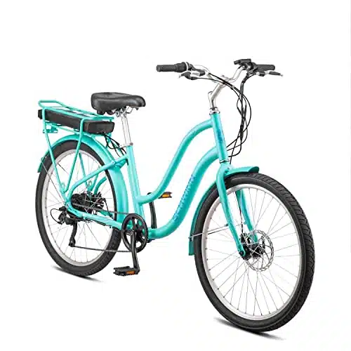 Schwinn Mendocino Adult Hybrid Electric Cruiser Bike, Lightweight Aluminum EBike Frame, Inch Wheels, Speed DriveTrain, Pedal Assist with Throttle, Mint Green