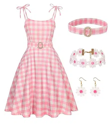 Women Costume Movie Doll Princess Dresses Cosplay Halloween Costume Adult Women Outfit Pink Plaid Dress with Accessories Daisy Floral Necklace Earrings RKS